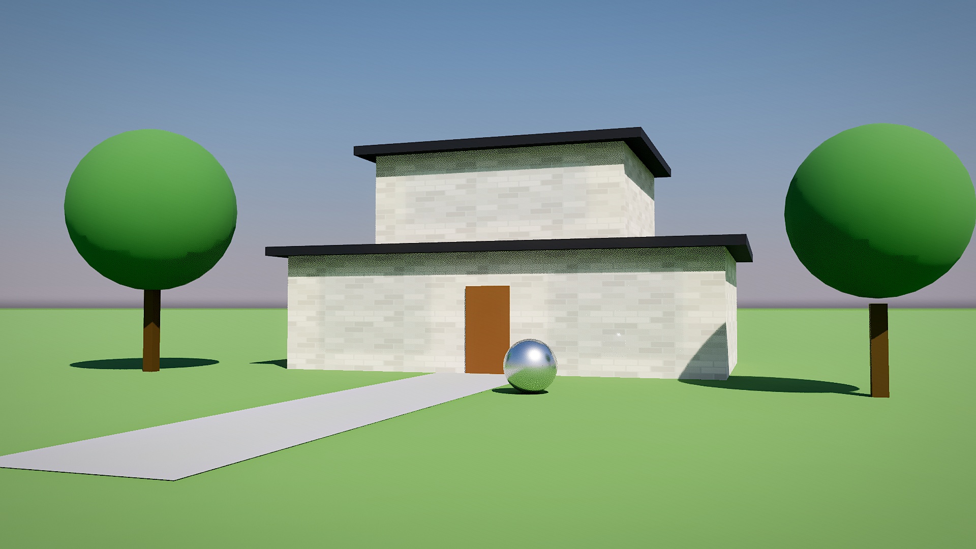 A house rendered in the Photorealistic look: path-traced sun and sky light, soft shadows, textured walls and a chrome ball reflecting its surroundings